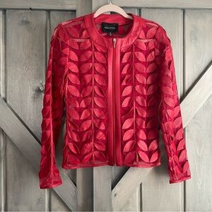 Neiman Marcus Genuine Leather Red Leaf Leaves Zip Up Jacket Blazet statement XS